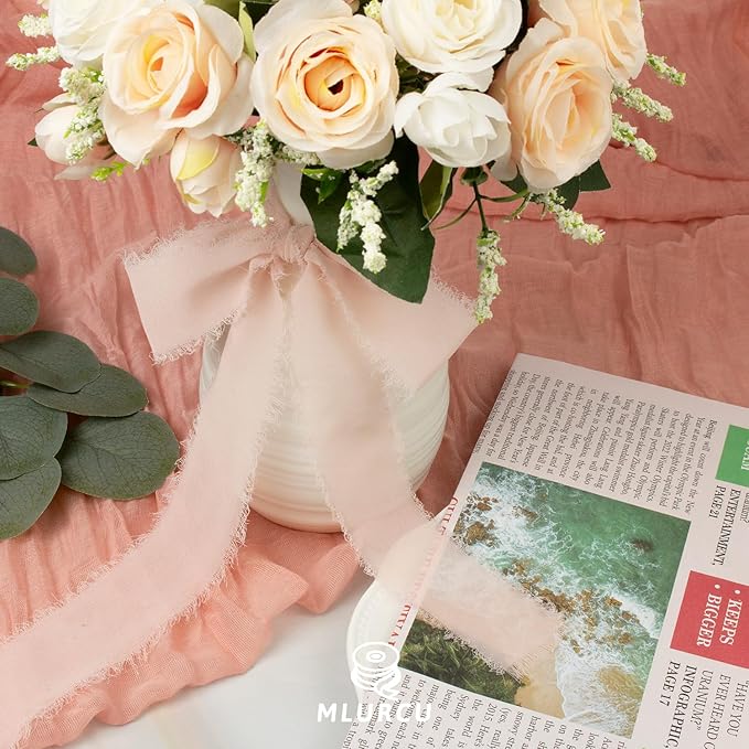 Cream Pink Chiffon Ribbon 1-1/2 Inch x 21 Yards - Handmade Fringe Silk Ribbon for Wedding Invitation, Bridal Flower Bouquets, Gift Wrapping