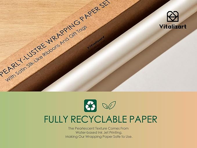 Vitalizart White Wrapping Paper Set 30" Pearly-Lustre With Silk Like Satin Ribbon & Gift Tags Recyclable Christmas Gift Wrapping Birthday Baby Shower Wedding Handmade Crafts 197"(16.4 Ft)