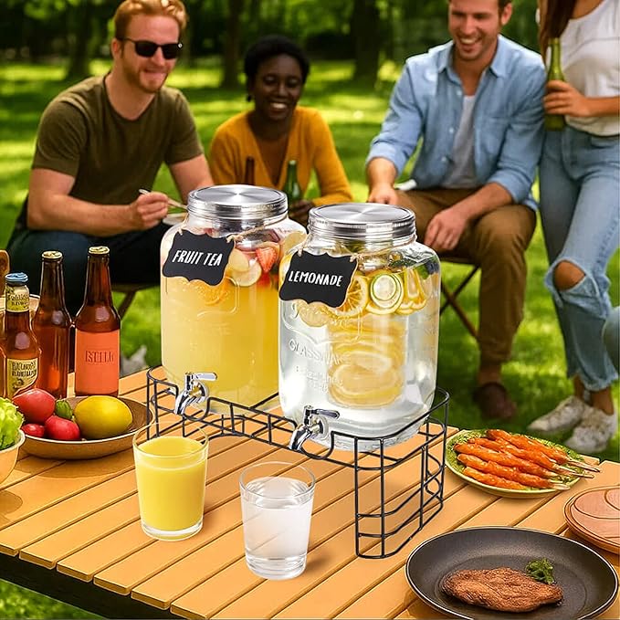 2 Gallon Large Glass Drink Dispenser Set, 2 Pack Beverage Dispensers with Stand & 18/8 Stainless Steel Spigot, Leakproof for Lemonade, Sun Tea & Iced Tea