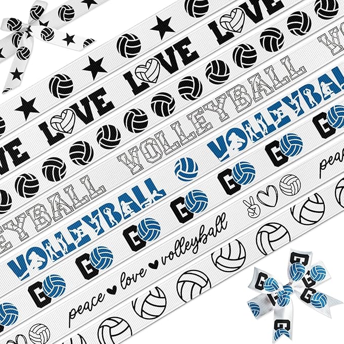 Volleyball Ribbon 8 Pack 24 Yards, 3/8 Inch Grosgrain Ribbons with 8 Different Designs for Hair Bows Crafts Team Decorations Gift Wrapping Cheer Party Supplies