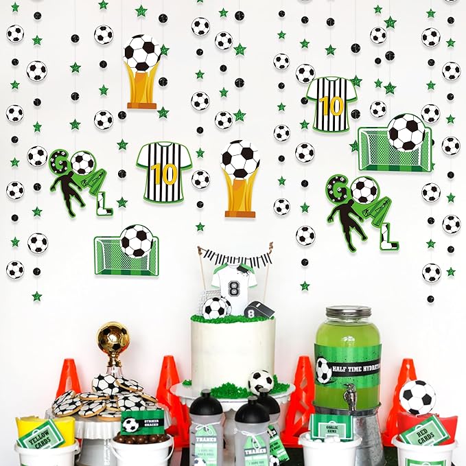 pinkblume Soccer Party Decorations Black Green Circle Dot Star Soccer Sport Theme Hanging Cutout Garland Streamer for Birthday Baby Shower Wedding Party Supplies Classroom Nursery Wall Ceiling Decor