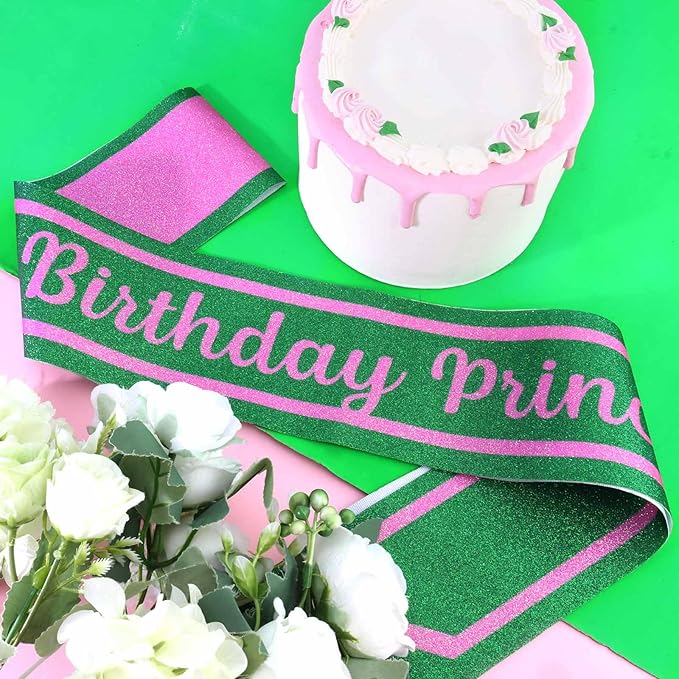 Pink Green Birthday Sash for Girls, Letter "Birthday Princess" Witch Themed Sash with Glitter Foil, Happy Funny Accessories for Party Favors Supplies