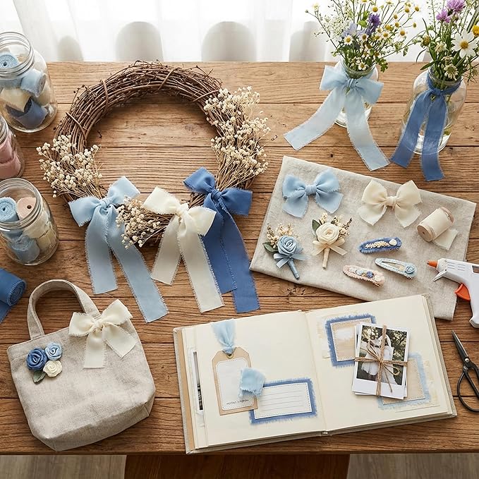 Frayed Edge Chiffon Ribbon 3 Pack, 1.5 Inch Wide Polyester Ribbon, 21 Yards Total in Sky Blue, Beige and Smoky Blue for Wedding Bouquet Wrapping, Gift Packaging and DIY Crafts