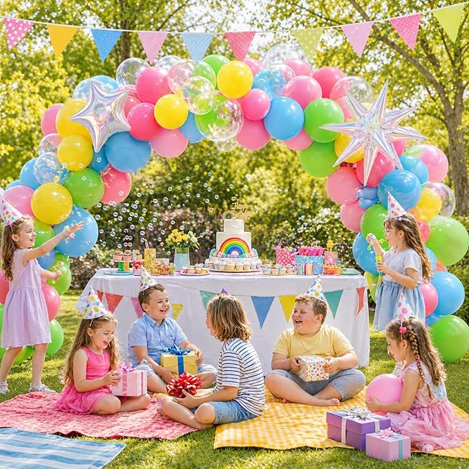 Rainbow Balloons, 12 Inch Multicolor Blue Green Pink Yellow Clear Latex Balloons with Star Foil Balloons for Girl Kid Summer Pool Birthday Baby Shower Wedding Beach Party Decorations
