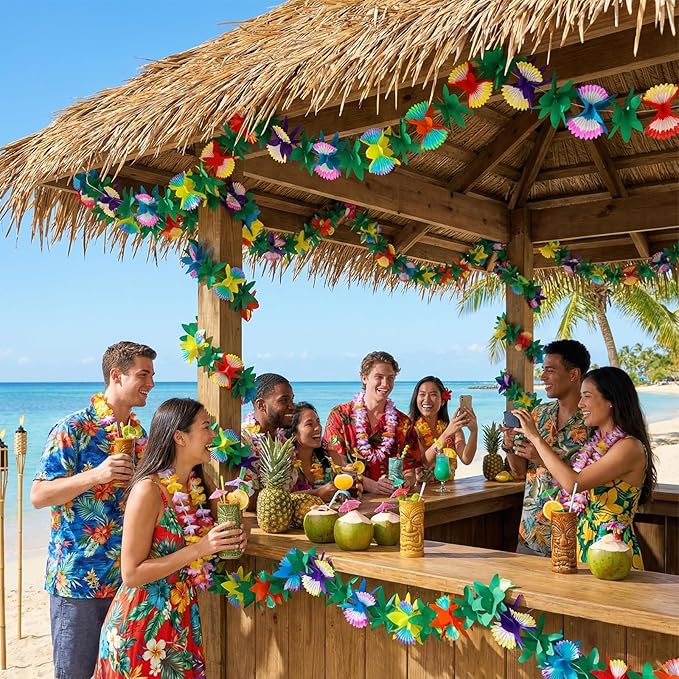 FUTUREPLUSX 2 Pack Tropical Garland Party Decorations, 20ft Multicolored Tissue Paper Hibiscus Flower Summer Banner for Beach Theme Luau Hawaiian Party Supplies Jungle Birthday Decor