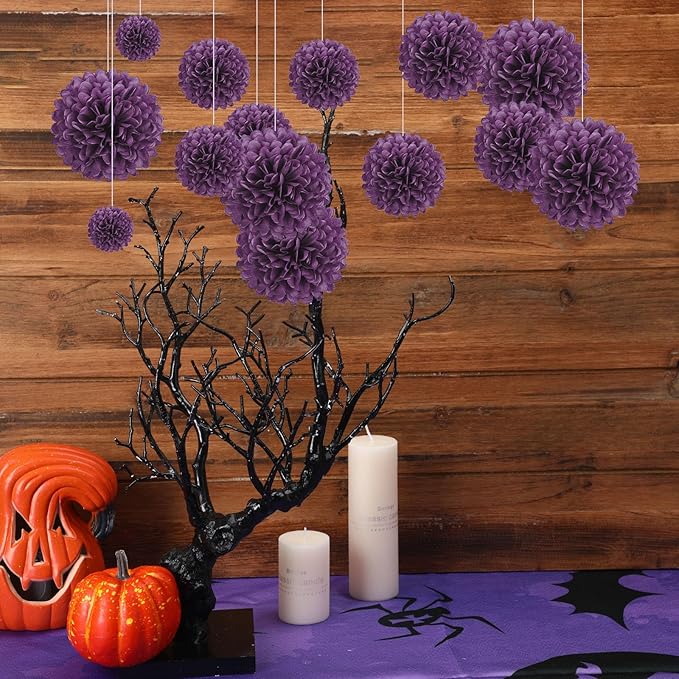 20 PCS Purple Tissue Paper Pom Poms, Tissue Pom Poms Flowers, Sizes of 6", 10", 12", 14" Hanging Paper Flower Ball for Wedding, Birthday, Halloween, Christmas, Baby Shower Party Decor