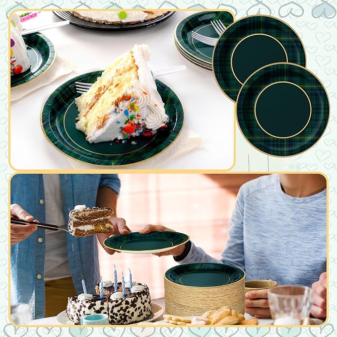 100 Pcs Green Blue Tartan Plaid Paper Plates We Can Bearly Wait Party Plates Disposable Tableware Decoration for Guests Baby Shower Wedding Birthday Party Supplies(Green,7"x7")