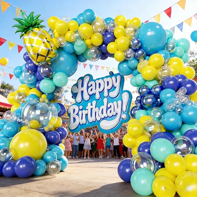 160pcs Cartoon Sponge Balloons Garland Arch Kit, Birthday Decorations Yellow Blue Clear Metallic Blue Teal Balloons and Pineapple Balloon Arch for Cartoon Birthday Baby Shower Party Decor