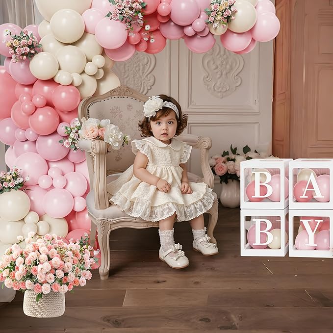 144Pcs Boho Baby in Bloom Balloon Arch Kit, Baby Shower Decorations, Vintage & Dusty Pink Sandy White Balloons with BABY Letter Boxes, Boho Floral Party Supplies for Baby Shower Gender Reveal Birthday