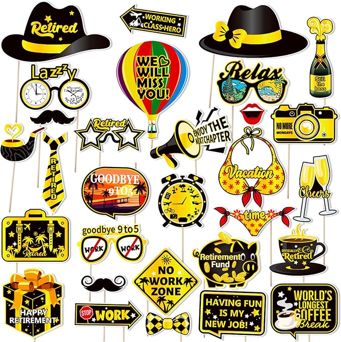 30 Pieces Retirement Photo Booth Props Happy Retirement Party Decorations Retirement Party Favors for Men Women Photobooth Kits with Sign for Party Decor Supplies (Dark Black&Yellow)