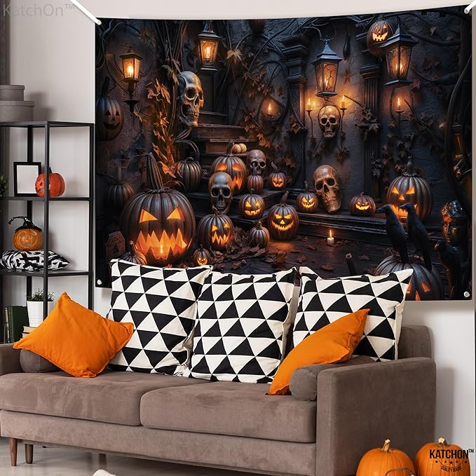 KatchOn, XtraLarge Spooky Halloween Backdrop - 72x44 Inch | Banner for Pumpkin Decorations | Photo Backdrop for Halloween Indoor, Outdoor | Pumpkin Banner for Summerween Decoration