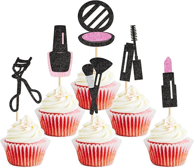 Ercadio 24Pcs Glitter Makeup Cupcake Toppers Mascara Lipstick Cupcake Picks Makeup Brushes Cosmetics Food Picks for Makeup Birthday Cupcake Decors Bridal Shower Bachelorette Party Supplies