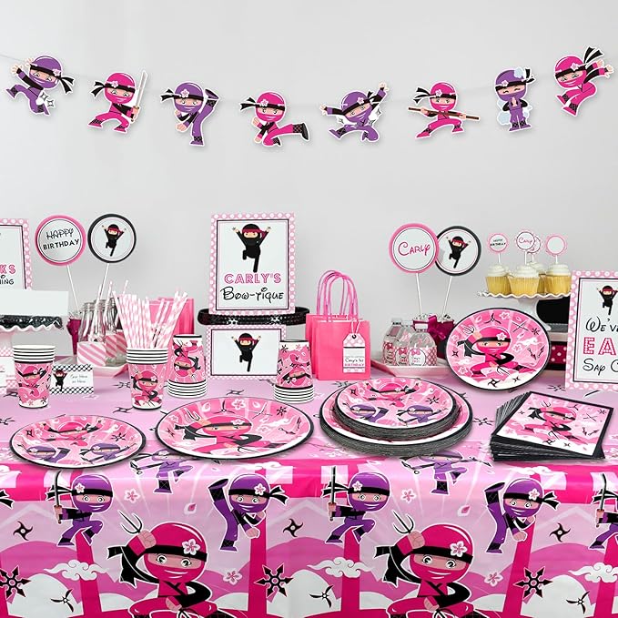 Ninja Girl Party Supplies - Party Tableware - Dinner Plates Dessert Plates Cups Napkins Tablecover Straws for Ninja Master Girls Princess Baby Shower, Serves 20 (20)