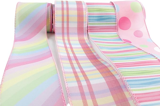 Meseey 4 Rolls Pastel Wired Ribbon, 2.5 Inch x 5 Yards Polka Dot/Plaid/Striped Ribbons for Easter Wreaths, Gift Wrapping,Baskets, Crafts, Spring Party Decorations