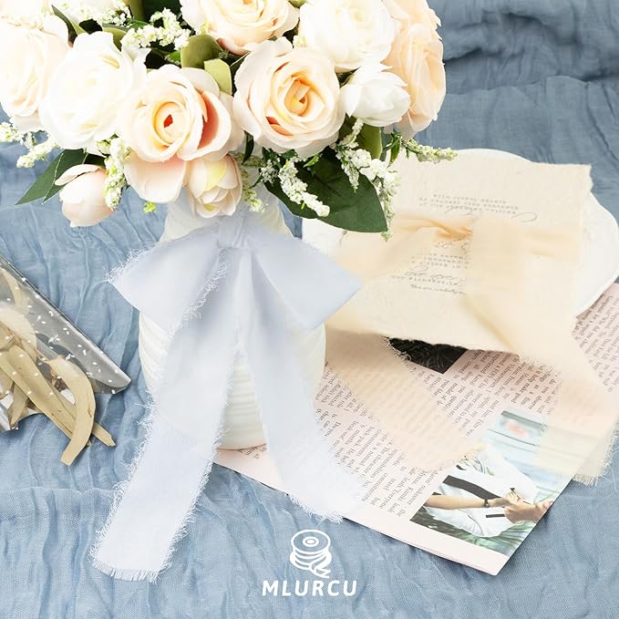 White Chiffon Ribbon 1.5 Inch x 21Yds Handmade Fringe Chiffon Silk Ribbon White/Cream/Nude Frayed Chiffon Ribbon for Wedding Invitation Flower Bouquets Gift Wrapping Bridal Shower Baby Shower