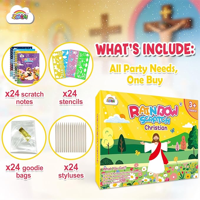 ZMLM 24 Pack Scratch Art Party Favors for Kids 4-8 – Individually Wrapped Rainbow Notebooks, Mess-Free Goodie Bag Stuffers, Non-Candy, Classroom Prizes, Travel Crafts for Boys Girls(Christian)
