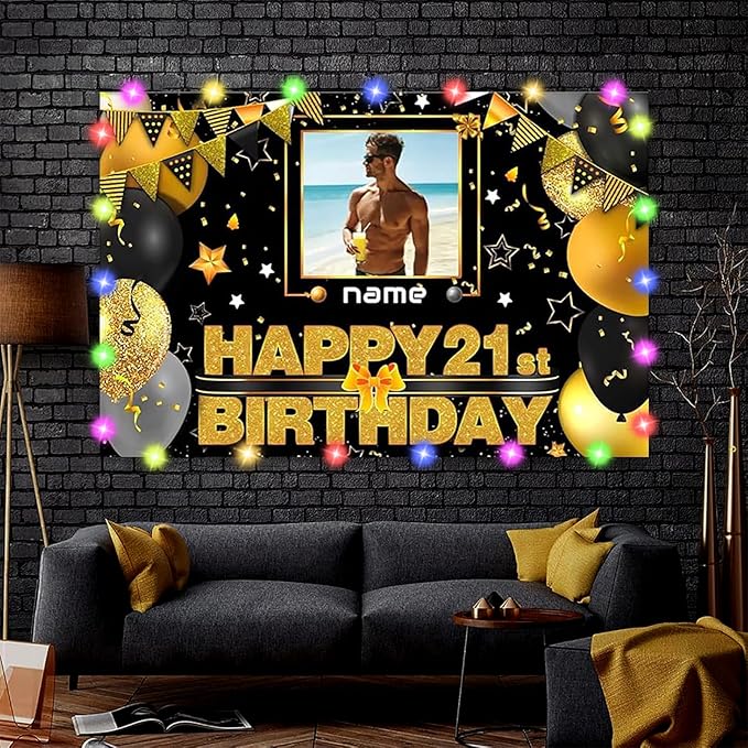 Dicodes Custom Black and Gold Theme Birthday Banner for Party Happy Birthday Backdrop Decoration Personalized with Name and Photo