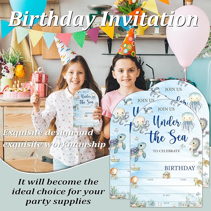 Under The Sea Birthday Party Invitations, Ocean Animals Birthday Invitations for Boys Girls, 20 Fill-In Invitation Cards with Envelopes, Under the Sea Party Decorations (arch)