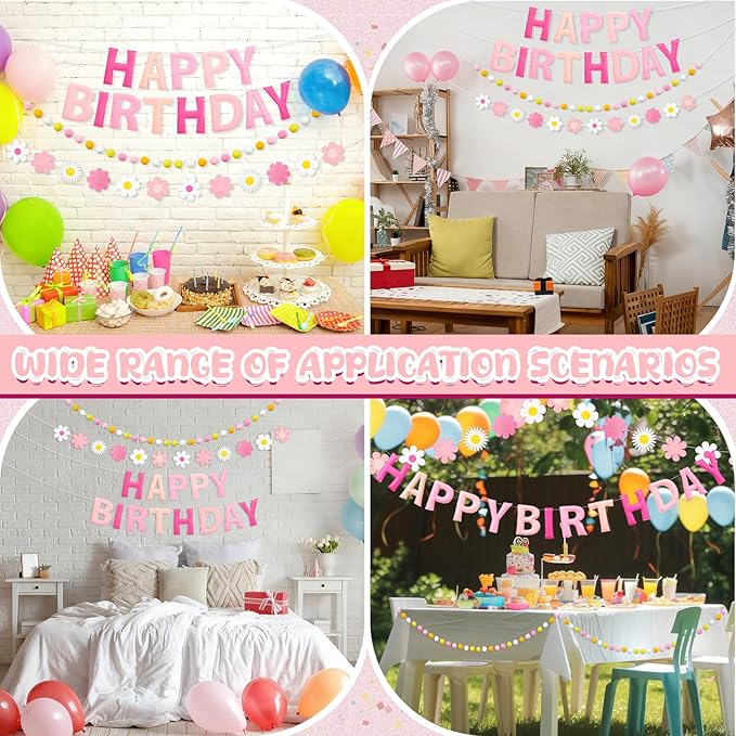 Mindsoft Pre Strung 3 Pcs Happy Birthday Banner Felt Ball Garland Pink and White Flower Banner Reusable Bulk Pink Birthday Decorations for Girls Boys Women Men