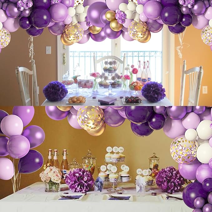 Amandir 150Pcs Purple Balloons Garland Arch Kit, Light Pastel Purple Gold White Confetti Latex Metallic Balloons for Women Birthday Baby Shower Wedding Party Decorations Supplies