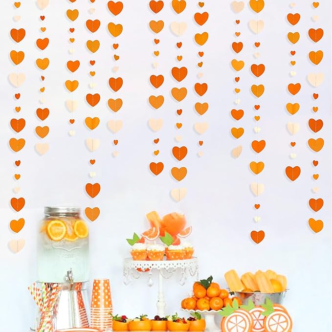 Orange Party Decorations Gradient Orange Heart Garland Hanging Paper Streamer for Fall Autumn Valentines Day Wedding Bridal Shower Birthday Baby Shower Engagement Thanksgiving Harvest Party Supplies