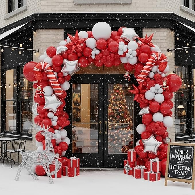 Christmas Party Decorations with Red White Silver Balloon Garland Arch Kit & small Star Candy Cane foil Balloons for 2026 Winter wonderland baby shower Xmas friendsmas new years eve Party Decorations