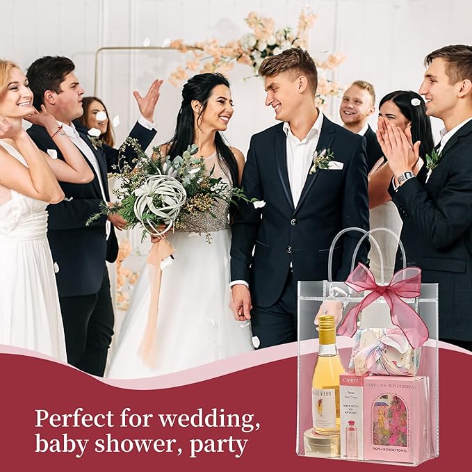 Jutieuo 24 PCS Clear Gift Bags with Handles, 7.9 x 9.8 x 3.2 Inch Inches Reusable Plastic Goodie Bag Transparent Party Favor Bags Bulk for Weddings Birthdays Events, Classrooms & Celebrations