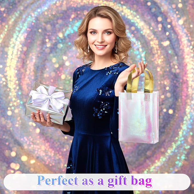 Xosjska 20 Pieces Iridescent Gift Bags Bulk Glossy Reusable Grocery Bag Holographic Gift Bags Pink Non Woven Tote Bag with Handles for Shopping Birthday Party Wedding(6 x 3 x 8 Inch, Pink)