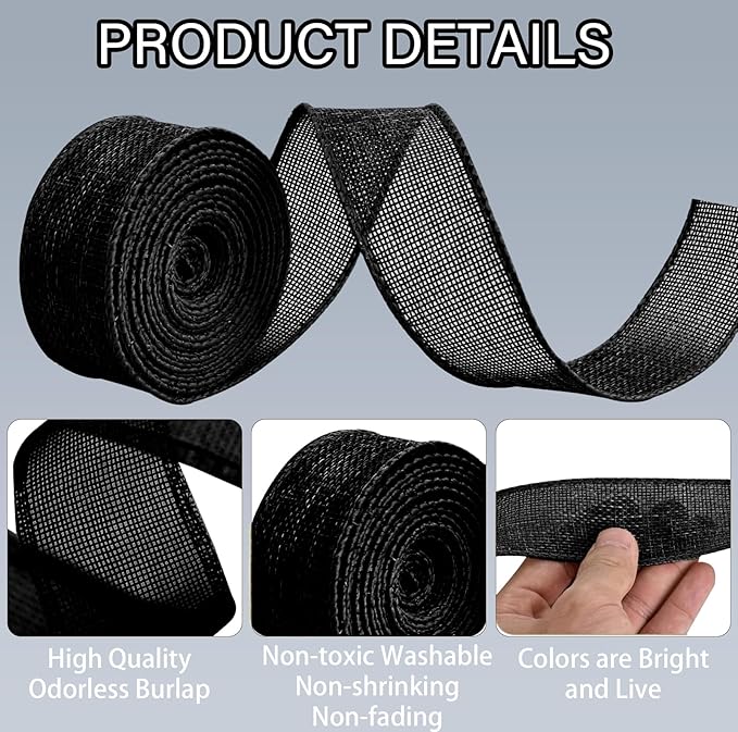 Black Burlap Ribbon 1-1/2 inch X 10 Yard Natural Burlap Woven Ribbons DIY Handmade Edging Production Wreath Holiday Decoration Gift Ribbon for Gift Wrapping Jute Linen Black Ribbons