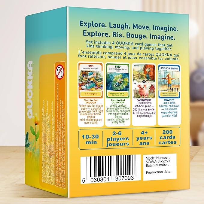 QUOKKA Kids Card Game Set Ages 4–8 – 4 Games in 1 Box with 450 Tasks, Scavenger Hunt, Charades, and Animal Movement Games for Indoor & Outdoor Family, Home & Classroom Play