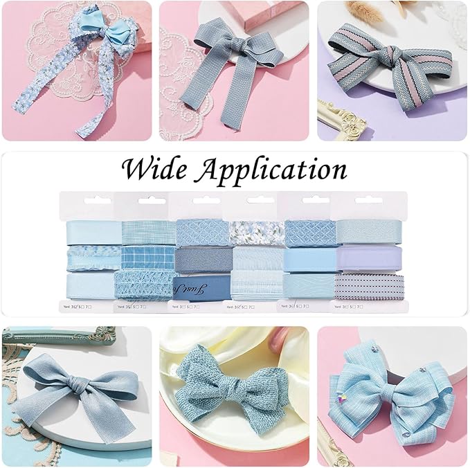 BEEFLYING 3 Styles Light Blue Wire Edged Ribbons for Gift Wrapping Decoration 25~28mm×2.7m Herringbone Ribbons Organza Ribbons for Wedding Party Hair Bows, Flower Designs Sewing & Craft, 9 Yards