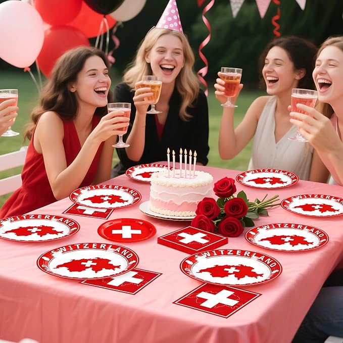 Grencian 96Pcs Switzerland Party Supplies Swiss Flag Plates and Napkins Disposable Switzerland Paper Plates Swiss National Day Decorations Tableware Kit for Football Events Travel, Cultural