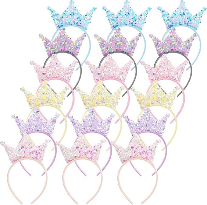 18 Pack Princess Party Favors, Princess Crown Headband Glitter Sequin Headbands Crown Shiny Tiaras and Crowns Glitter Headbands Crowns Glitters Tiara Set for Birthday Party, Proms, Gifts (Multicolor)