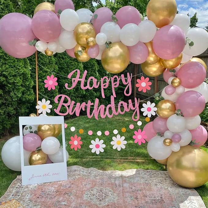 Pre-Strung Happy Birthday Banner, NO DIY Birthday Decorations with Circle Dot Garland and Flowers, Happy Birthday Party Decorations for Women Girls (Pink)