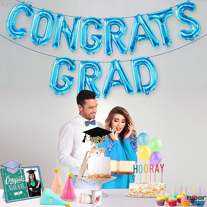 Blue Congrats Grad Balloons - 16 Inch | Congrats Grad Banner For Blue Graduation Decorations 2026 | Congratulations Banner for 2026 Graduation Decorations | Graduation Balloons - KatchOn