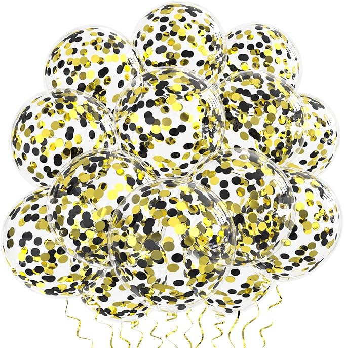 Black Gold Confetti Balloons 25 Pcs, 12 Inch Thickened Clear Latex Balloon with Confetti Inside for 2025 Happy New Year Eve Party Decoration Baby Shower Birthday Party Decorations Supplies