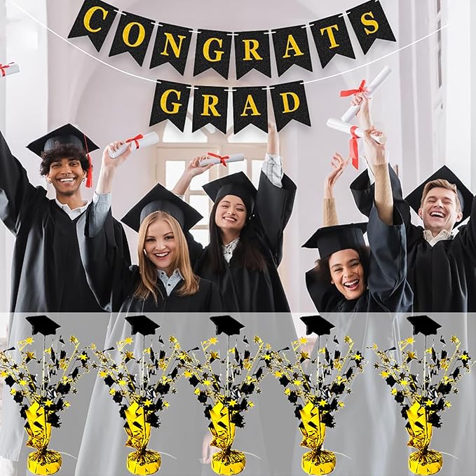 FUBININA 6 Pack 2026 Graduation Table Centerpiece Party Decoration Metallic Foil Spray Glitter Graduate Cap Decor Star Table Top for Graduation Parties Grad Ceremonies Party Favor, Black and Gold