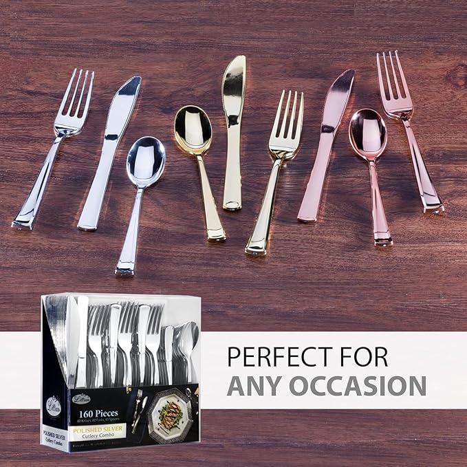 960 Piece Silver Plastic Silverware, Extra Heavyweight Disposable Cutlery Set, Full Size Silver Flatware Combo, 480 Forks 240 Spoons 240 Knives, Bulk Party & Wedding Utensils