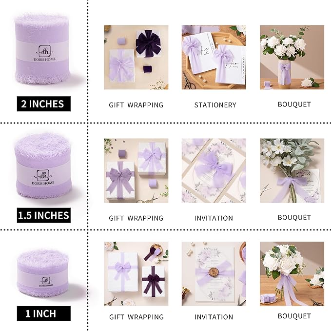 DORIS HOME Light Purple Chiffon Ribbon for Flower Bouquet, 2" x21Yd Fabric Ribbon for Gift Wrapping, Handmade Frayed Ribbon for Wedding, Chiffon Silk Ribbon for Christmas Decorations