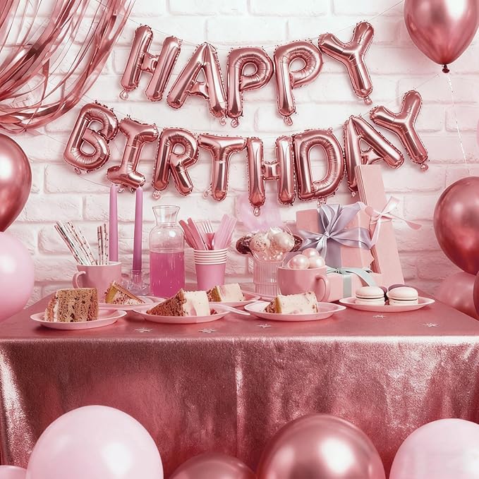 Rose Gold Happy Birthday Balloon Banner Foil Balloons - 16 Inch Mylar Letters Balloons, Reusable Birthday Decorations for Men, Women Party Supplies