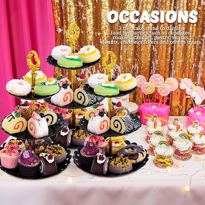 4 Sets 3 Tier Plastic Dessert Stand Black Cupcake Stand Mini Cake Fruit Candy Display Tower Reusable Tiered Snack Serving Tray Black Gold for Wedding Tea Party Decor
