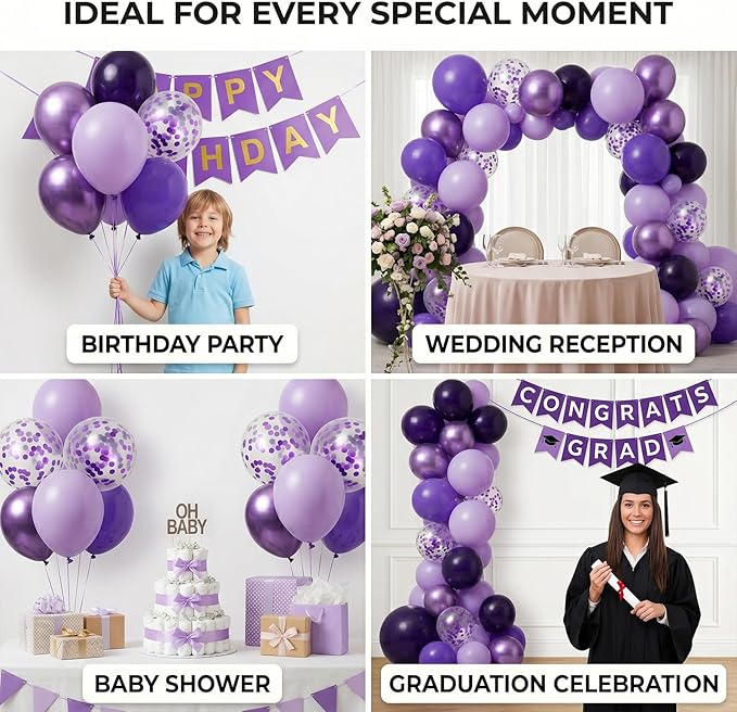 60pcs Purple Balloons 12 Inch, Dark Matte and Pastel Lavender Metallic Confetti Purple Balloon Garland Kit for Sweet 16, Graduation 2026, Baby Shower Decorations