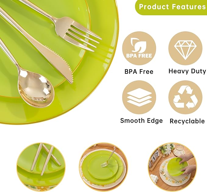 MirthMood 210pcs Green Plastic Plates,Disposable Green Gold Party Plates,Include 30 Dinner,Dessert Plate,30 Cup&30 Napkins, 90 Gold Silverware for St Patrick's Day & Wedding & Birthday(grape green)