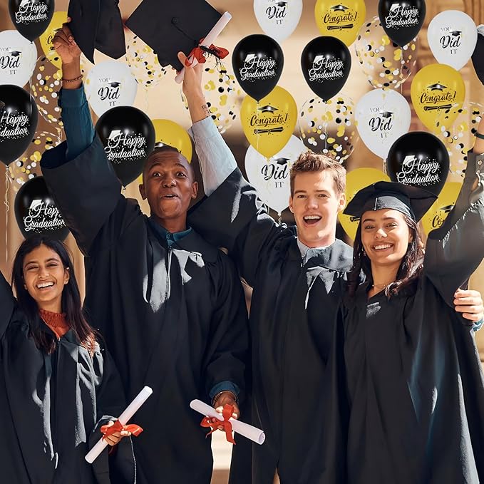 60 Pcs Black and Gold Graduation Balloons Class of 2026 Graduation Decorations - 12 Inch White Gold Confetti Latex Balloon Congrats Grad Balloons with Ribbons for Grad Decorations Supplies