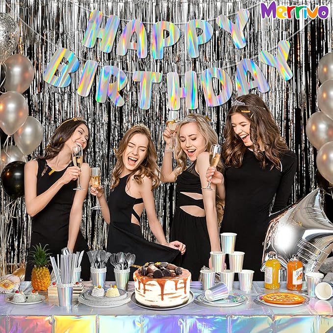 Iridescent Happy Birthday Banner, Pre-Strung Holographic Birthday Decorations Vibrant Party Sign with Aurora, Rainbow Effects