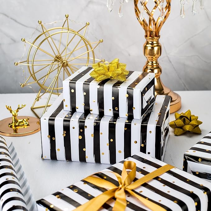MAYPLUSS Stripe Wrapping Paper, Black and White Striped Wrapping Paper, Chic Black & White Stripes with Gold Speckles Birthday Gift Wrap for Father's Day, Graduations, Christmas (17 Inch X 33 Feet)