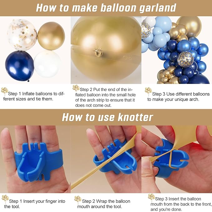 Ouddy Life 156Pcs Navy Blue and Gold Balloon Garland Arch Kit, Royal Blue White Metallic Gold Confetti Mixed Sizes Balloons for Baby Shower Wedding Birthday Anniversary Graduation Party Decorations