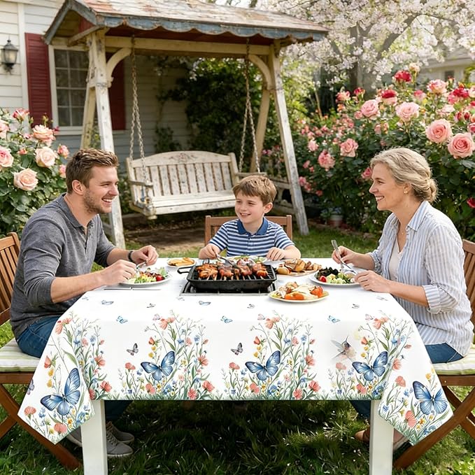 2Pcs Spring Floral Tablecloth 54 x 108 Inch Disposable Plastic Table Cover, Wildflower Butterfly Garden Party Decorations Waterproof Tablecloth for Birthday Baby Shower Bridal Shower Picnic Supplies