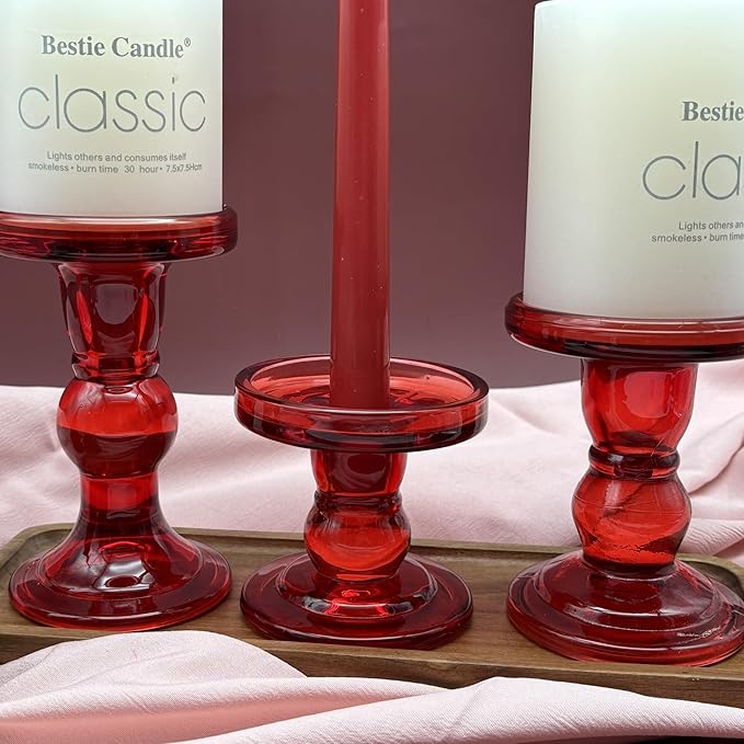 Red Glass Candle Holders Set of 3 Clear Candlestick Holders Vintage Candle Stands for Pillar Taper Candle TeaLight Home Decor Table Centerpieces Christmas, Candleholder Sets with 4 Pcs Taper Candles