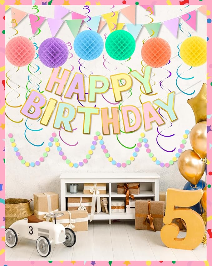 Oomloid Happy Birthday Party Decorations - Colorful Happy Birthday Banner Swirl Streamers Honeycomb Balls Circle Dots Garland Triangle Flag Bunting, Party Decor for Women Men Boys Girls